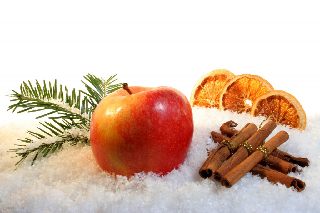 Juldekoration med äpple torkade apelsinskivor och kanelstänger
