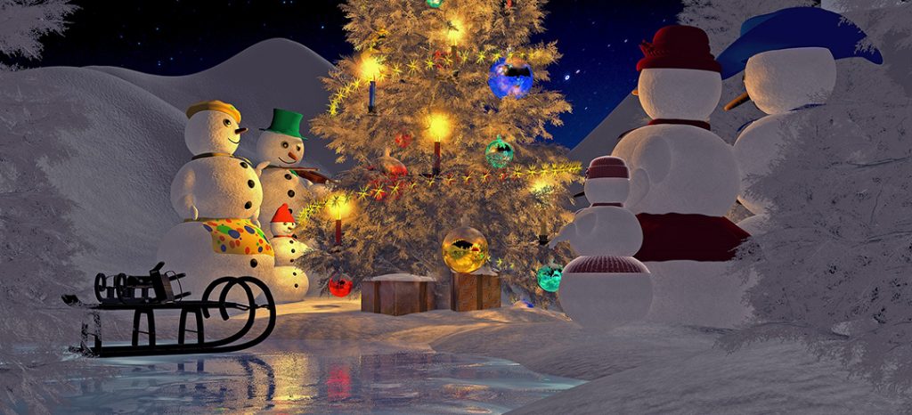 Tecknade snögubbar runt julgran