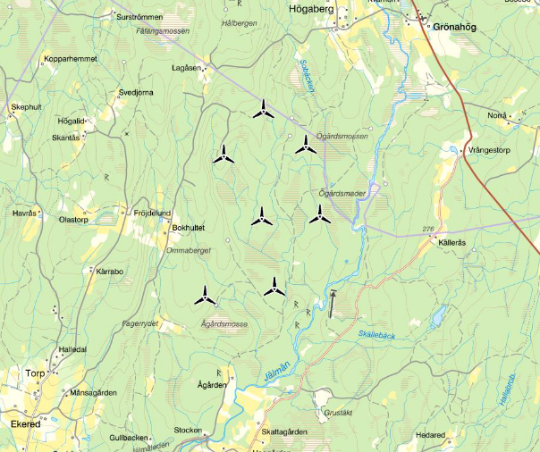 Vindkraftspark visas på en kartbild