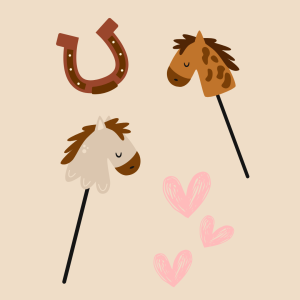 Tecknade figurer som föreställer en hästsko och två käpphästar.