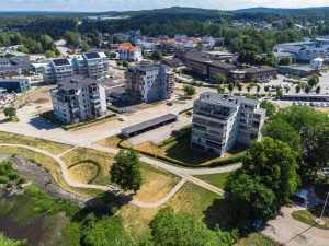 Höghus, gångstråk, buskar