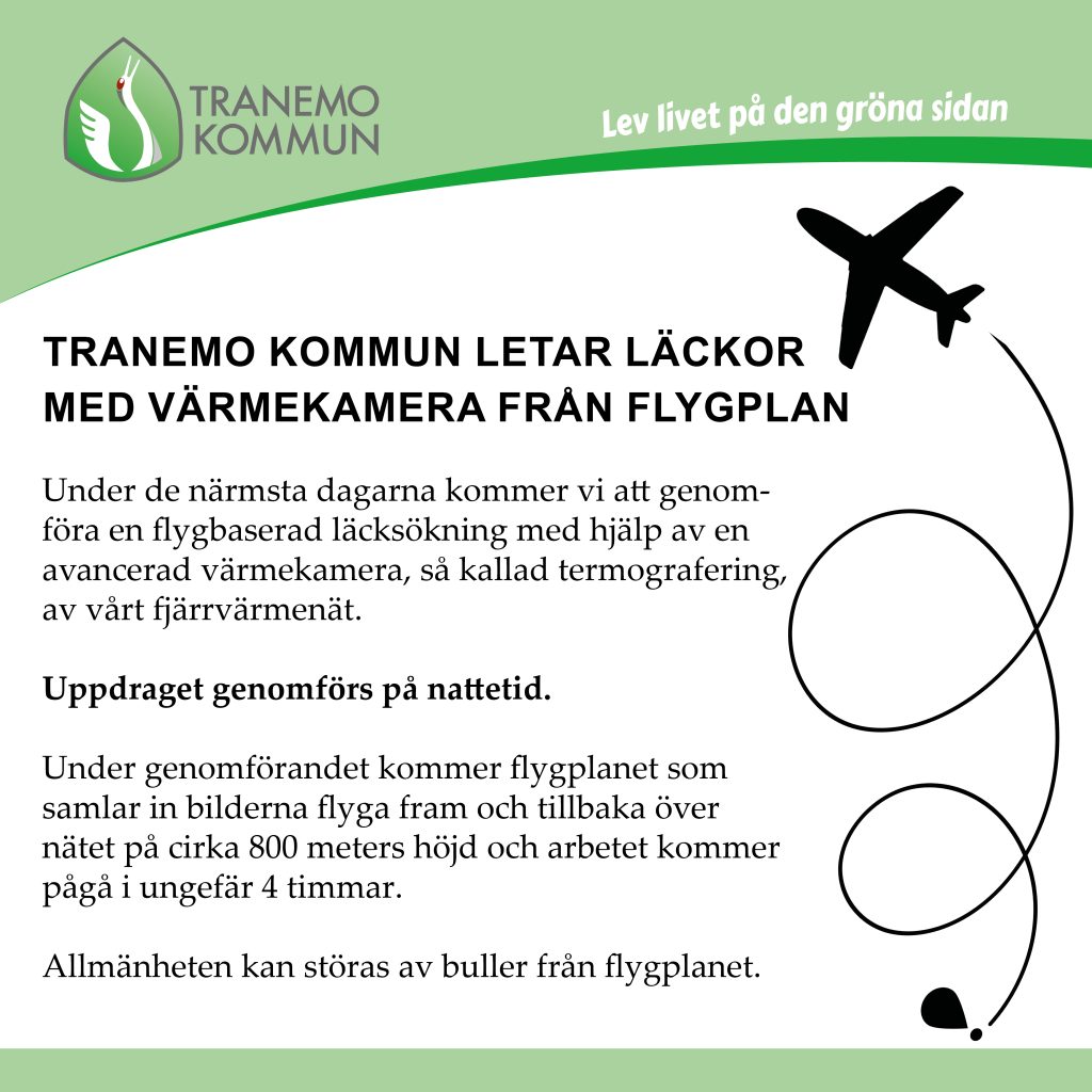 Annons med Tranemo kommuns gröna bågar och ett svart flygplan i bild.